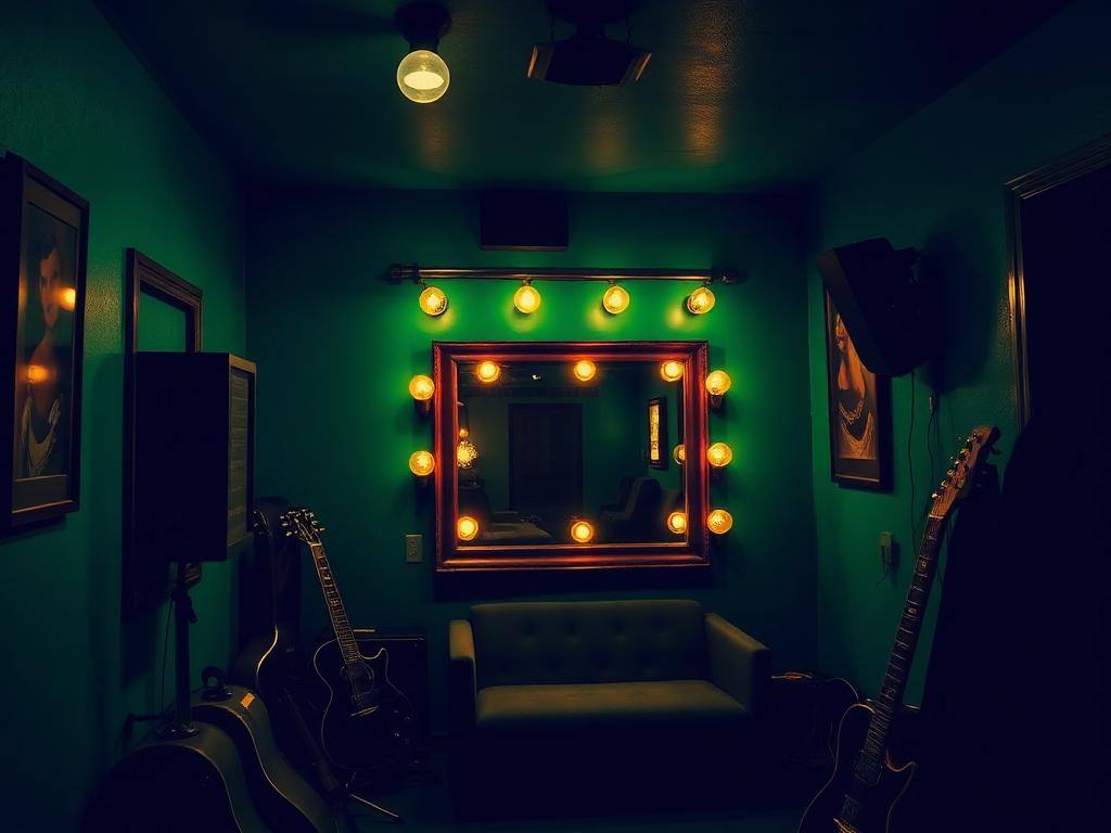 Backstage green room with a bulb-lit mirror, lounge seating, and guitars in cases