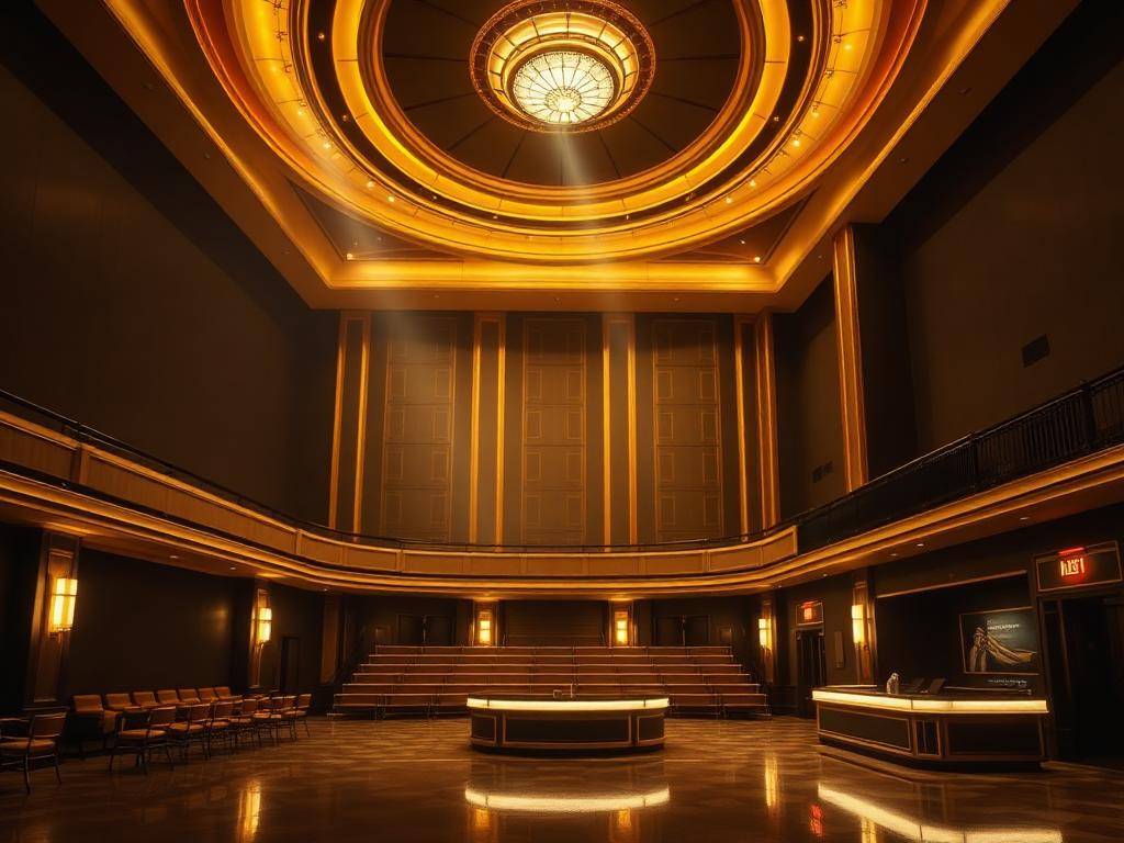 Grand lobby of the concert hall with gold detailing, box office counter, and warm lighting