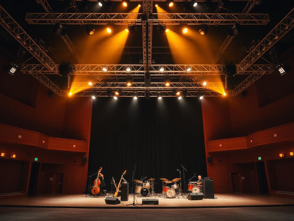 Concert hall stage with overhead lighting truss and backline instruments ready for a live show