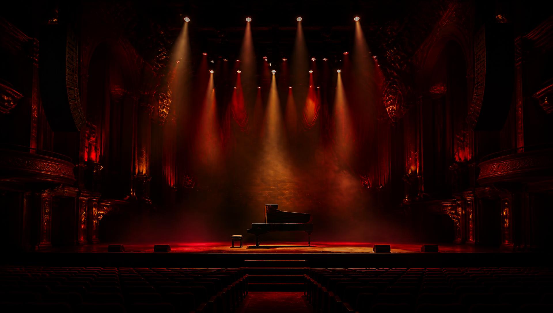 Empty concert hall stage lit by dramatic crimson and gold spotlights through stage haze